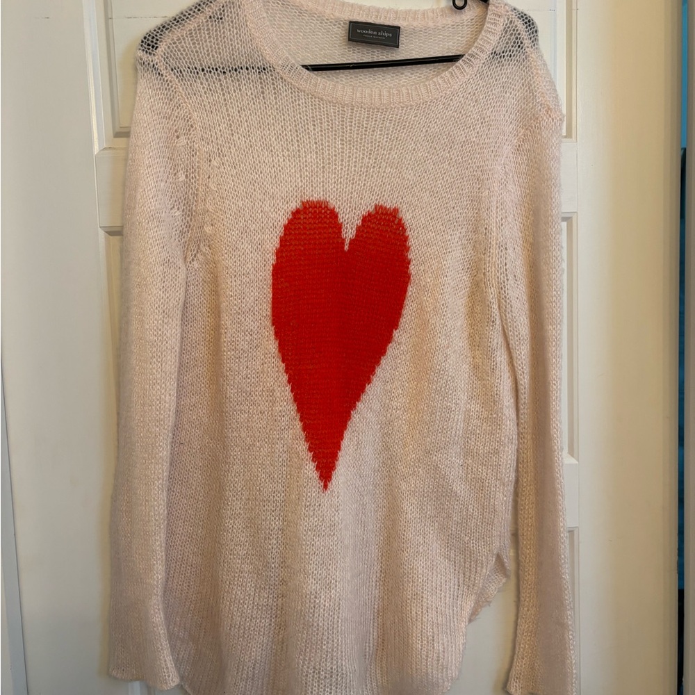 Wooden Ships Cream and Red Heart Crew Neck Sweater